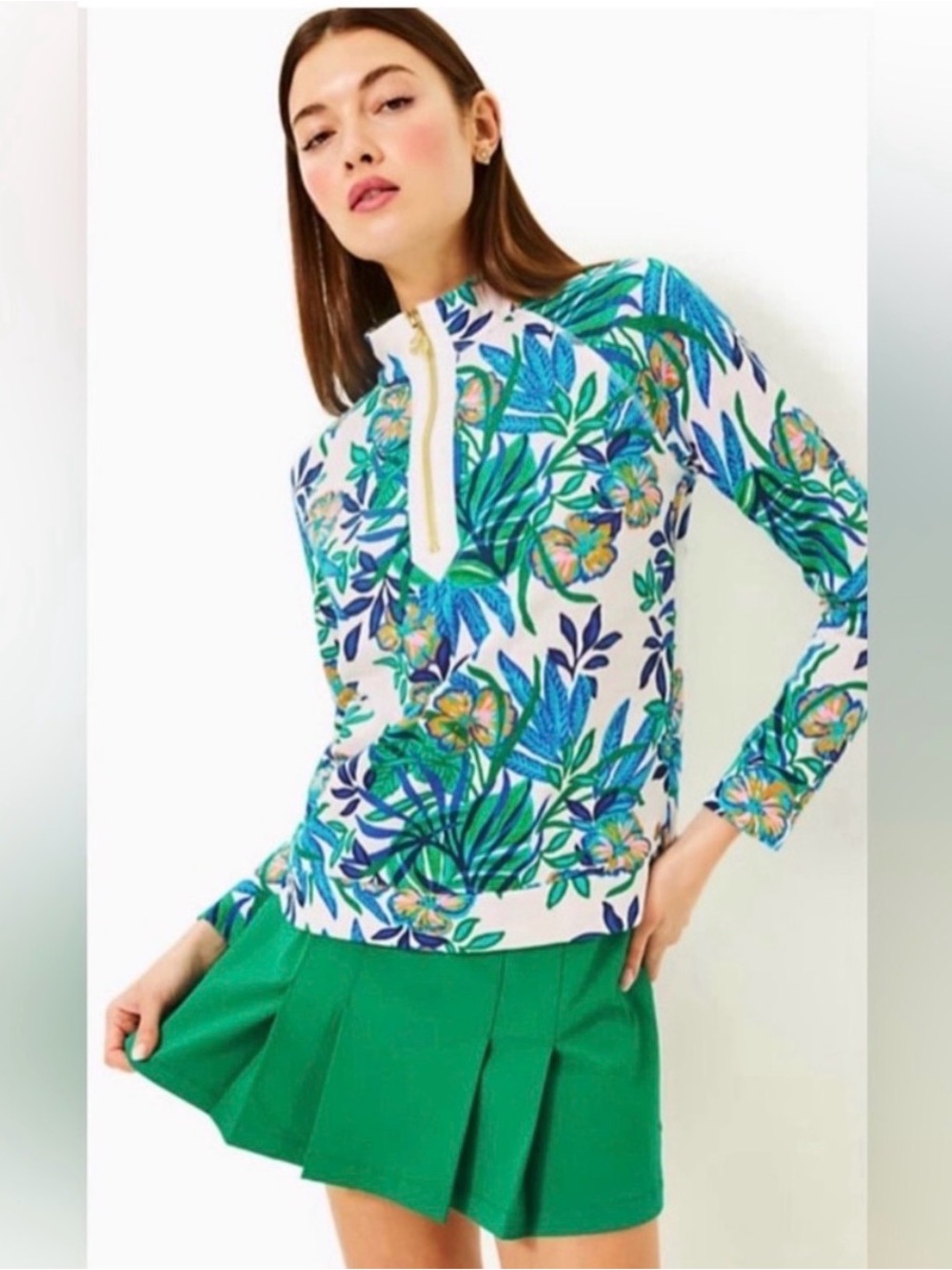 Lilly Pulitzer White Floral Zip-Front Pullover with Blue & Green Print